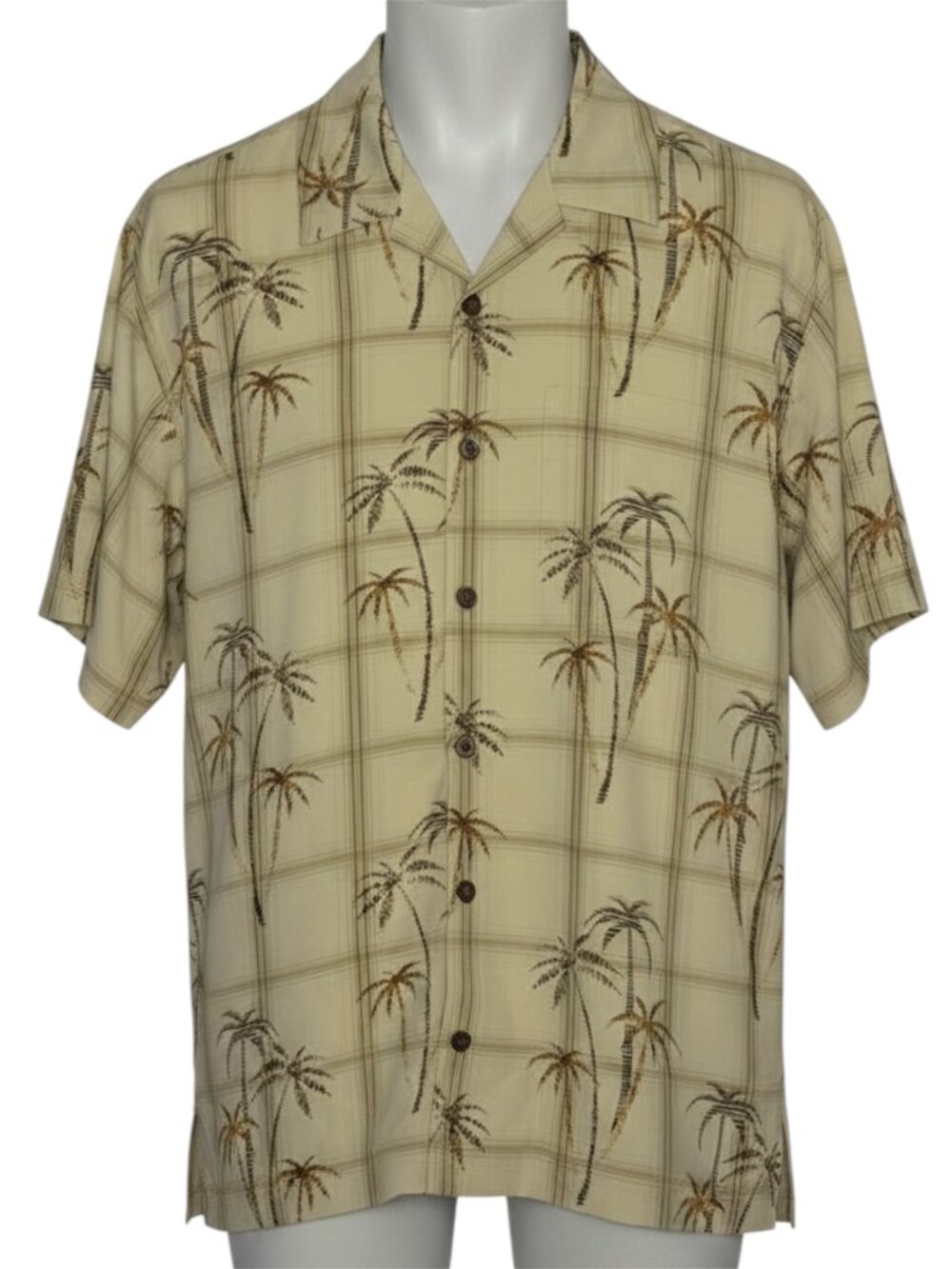 Joseph & Feiss Silk Hawaiian Camp Shirt Button Front Top Palm Plaid Beige L